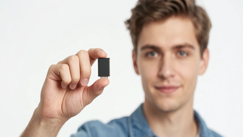 Joven sostiene microchip con luz brillante