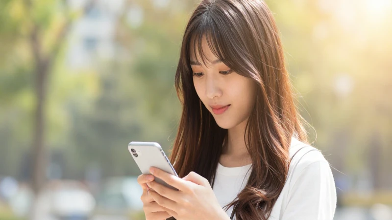 Joven mira el teléfono bajo luz cálida