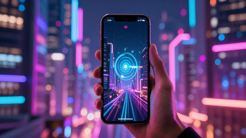 Teléfono inteligente en ciudad futurista neón