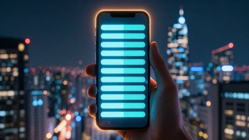 Smartphone muestra ciudad futurista iluminada