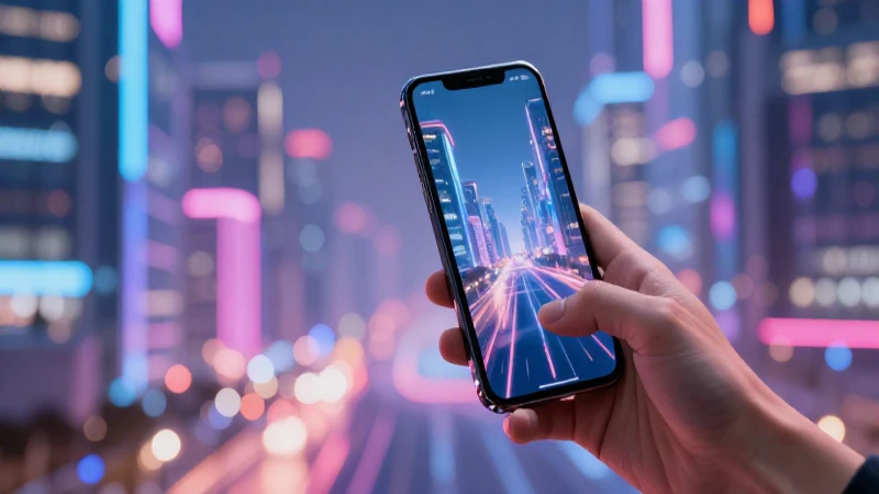 Smartphone futurista con luces vibrantes y desenfoque
