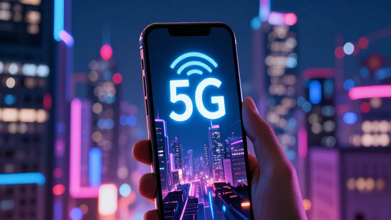 Pantalla muestra 5G en ciudad futurista