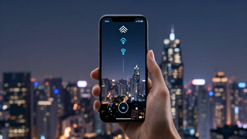 Smartphone muestra señal contra ciudad futurista