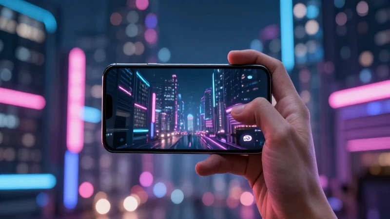 Smartphone futurista en ciudad neón cinematográfica