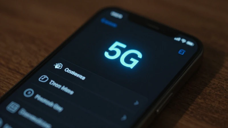 Smartphone con menú, ícono 5G y enfoque selectivo