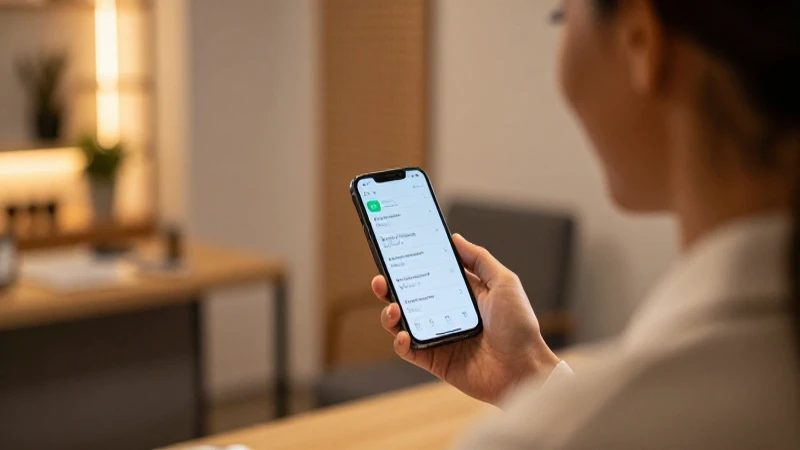 Cliente sonríe usando su teléfono profesionalmente