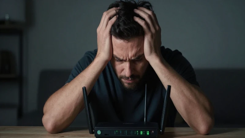 El usuario frustrado mira el router parpadeante