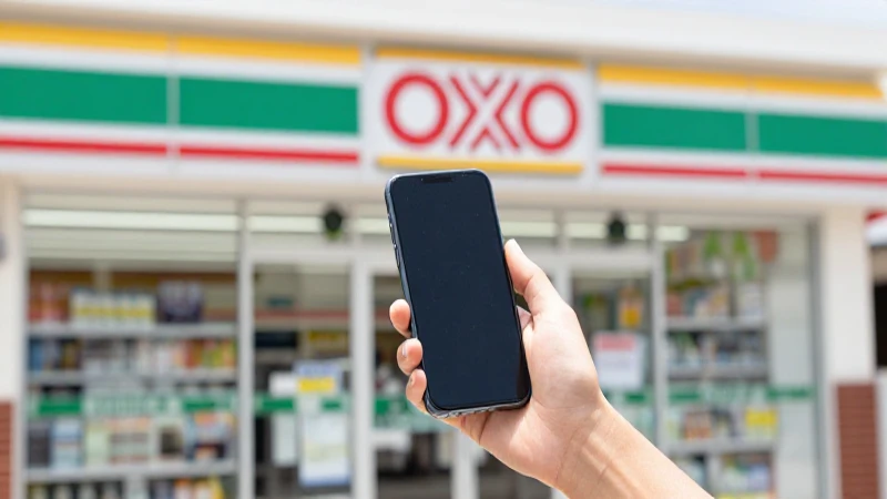 RECARGA BAIT OXXO: ¡Descubre Cómo HACERLO RÁPIDO! 3 Persona con teléfono, fondo OXXO, día claro