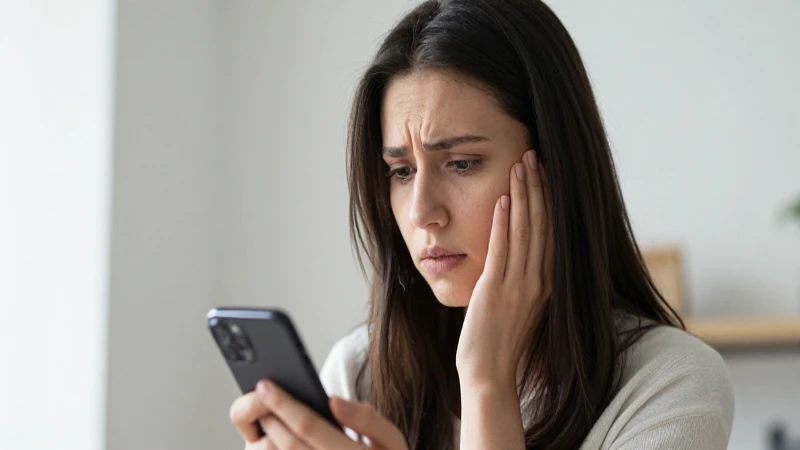 Mujer preocupada observa su móvil suavemente