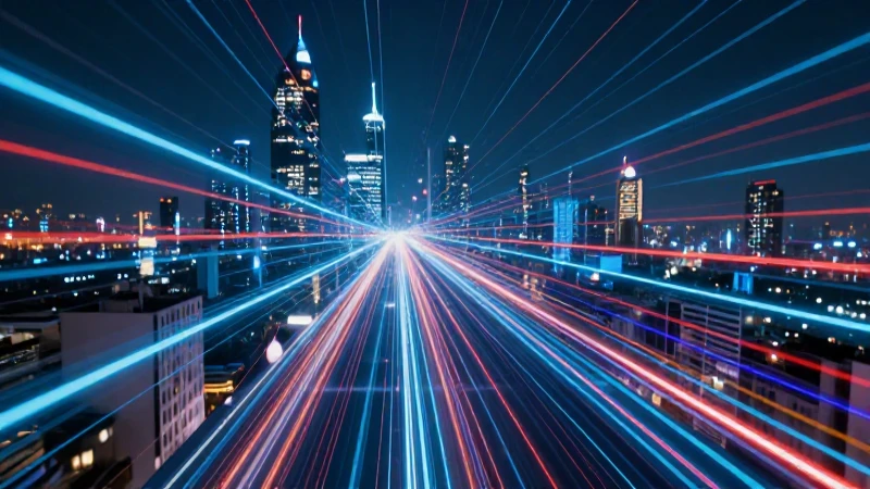 Conecta al 5G en 2025: Guía Rápida de SAFELINK APN 8 Ciudad futurista, luces neón vibrantes, datos fluyen