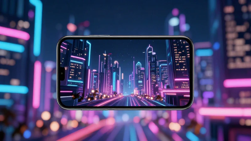 Smartphone futurista, ciudad iluminada con neón