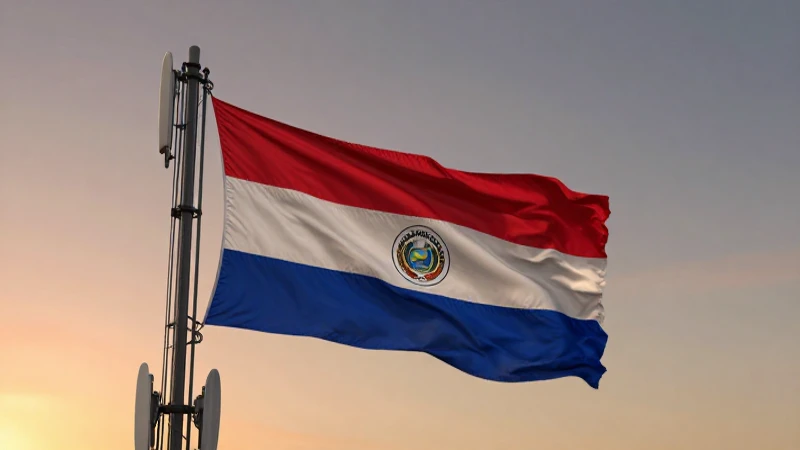 Torre 5G al atardecer con bandera paraguaya