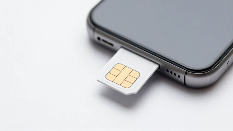 Primer plano brillante del móvil con tarjeta SIM