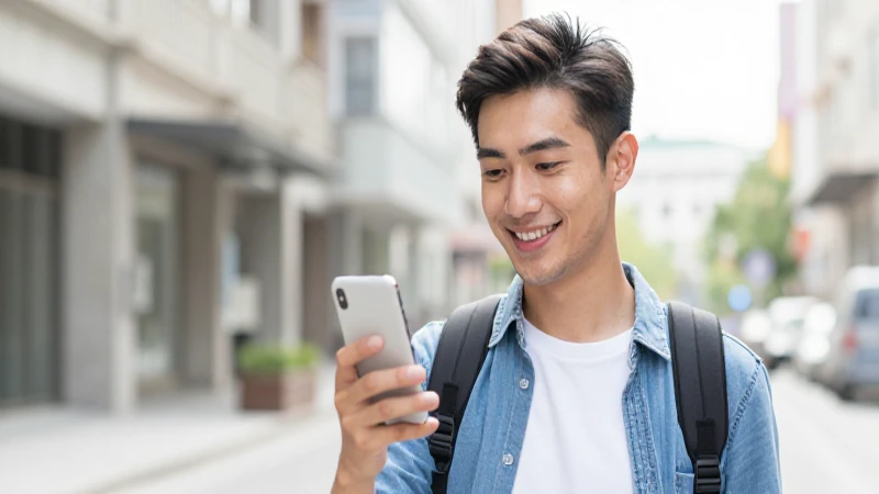 Joven sonríe, sosteniendo su teléfono a pleno día