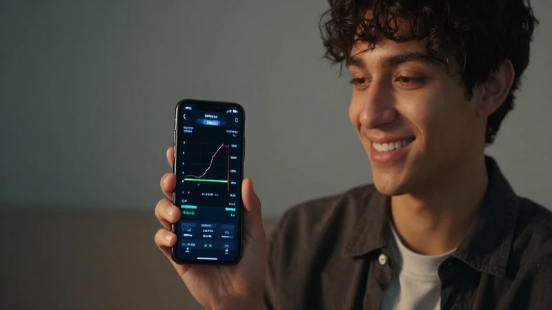Joven sonríe mirando resultados rápidos en su móvil