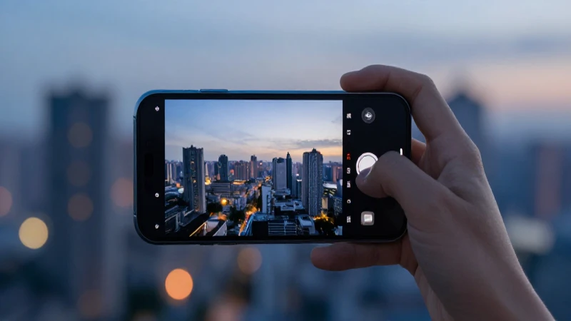 Smartphone moderno con fondo urbano difuminado